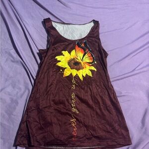 Brown Floral Sunflower Tank Top with Butterfly Accent